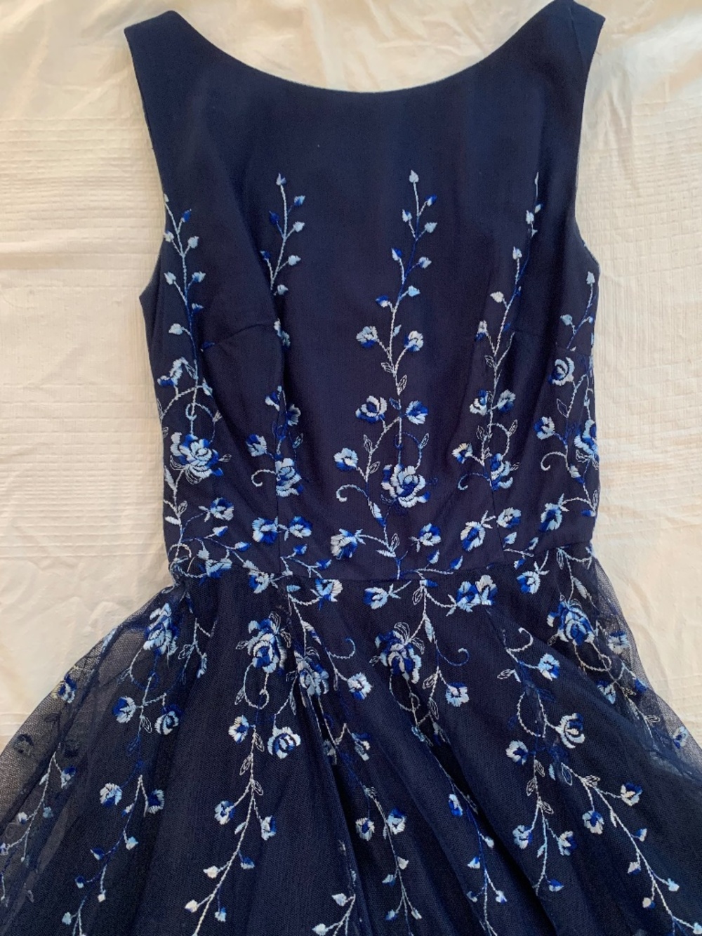 Vintage ABS by Allen Schwartz Navy Embroidered Mesh Sleeveless Tea-Length Dress